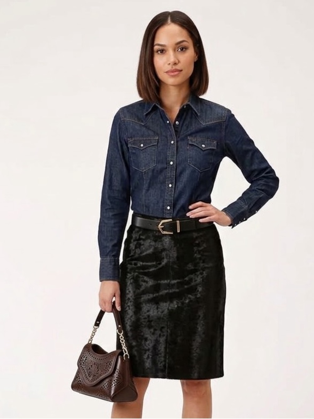 Vintage Western Black Midi Skirt Faux Suede Textured Minimalist Career Feminine